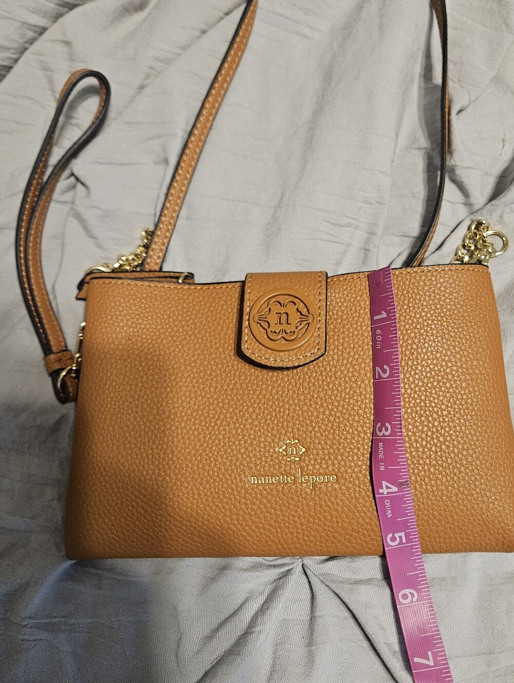Nanette Lepore Tan Leather Crossbody Wristlet with Gold Hardware - Picture 9 of 9